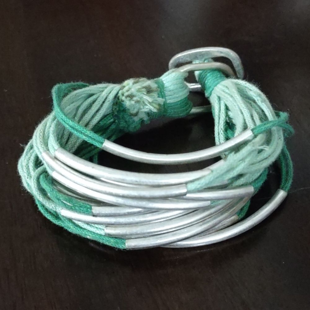 Women's Green with Silver Bars Multi Strand Wrap Bracelet
